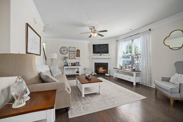 living room with dark wood flooring white wall and light linen couch